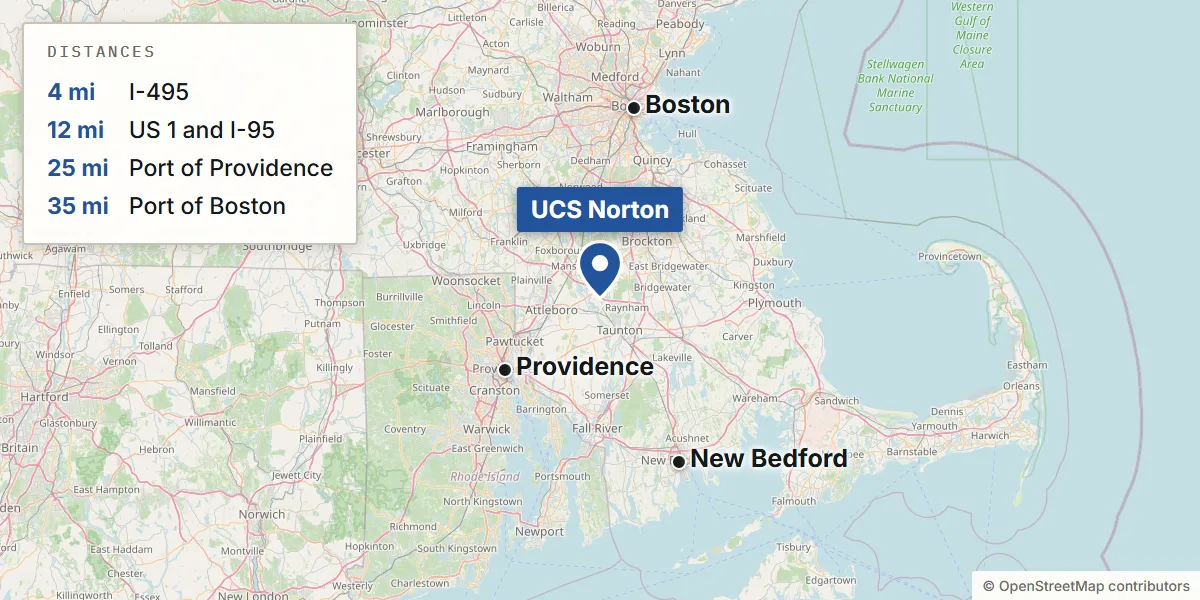Map of the Norton, MA area showing where the building sits in relation to the nearest ports, airports and interstates.