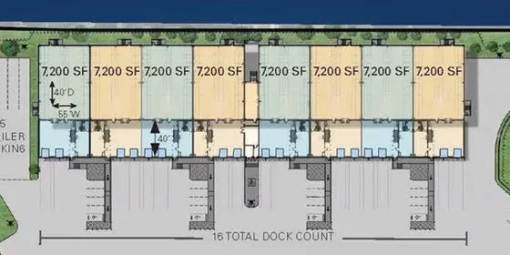Site plan for 260 South Washington St.: 8 private 7,200 SF units along the dock face, with the truck court and trailer parking.