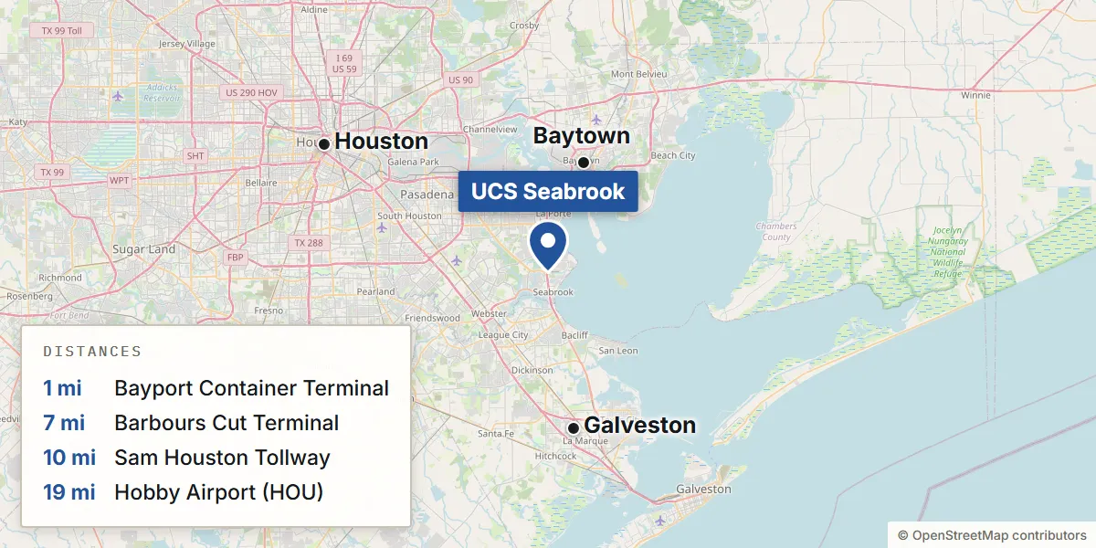 Map of the Seabrook, TX area showing where the building sits in relation to the nearest ports, airports and interstates.