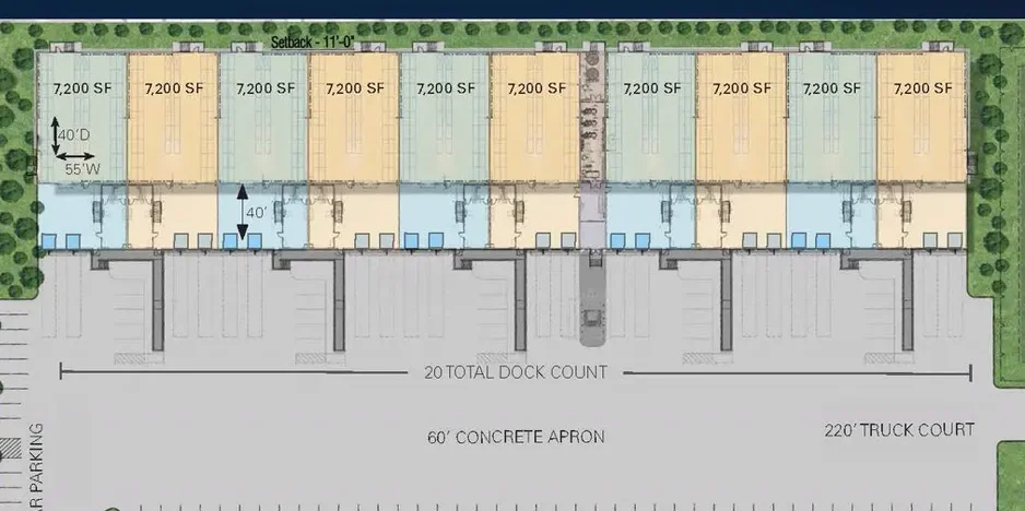 Site plan for 5760 Old Highway 146: 10 private 7,200 SF units along the dock face, with the truck court and trailer parking.