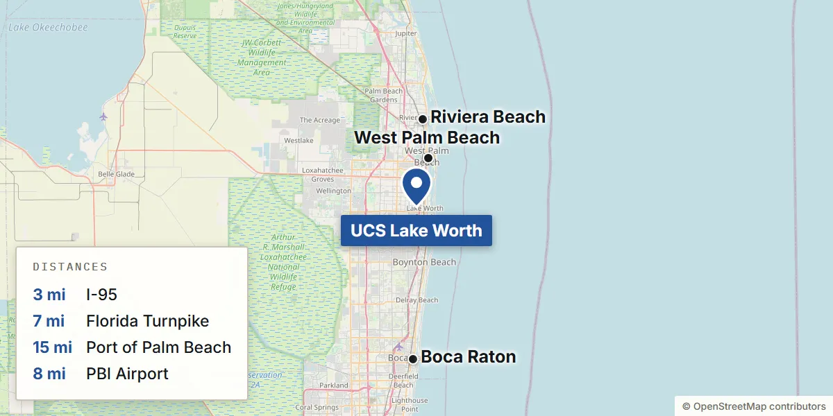 Map of the Lake Worth, FL area showing where the building sits in relation to the nearest ports, airports and interstates.