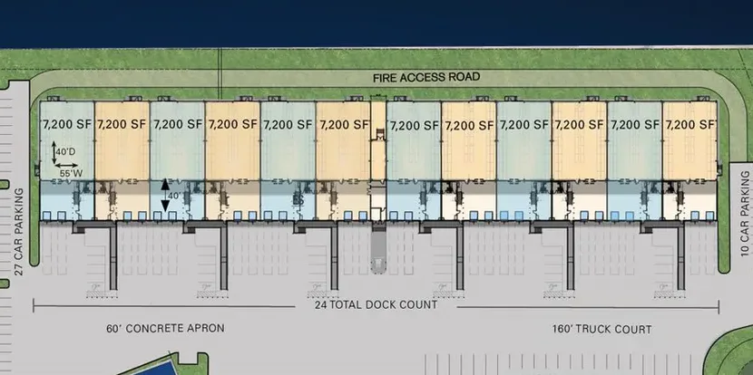 Site plan for 2209 7th Ave. North: 12 private 7,200 SF units along the dock face, with the truck court and trailer parking.